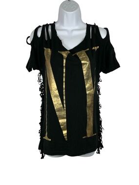 NY / LA Black/Gold Metallic Distressed Graphic T-Shirt